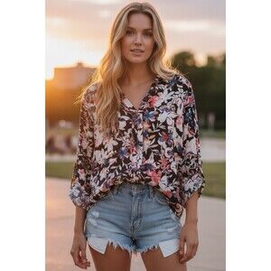 Croft & Barrow Women’s Size Medium Pink Multi Floral Long Sleeve Boho Blouse
